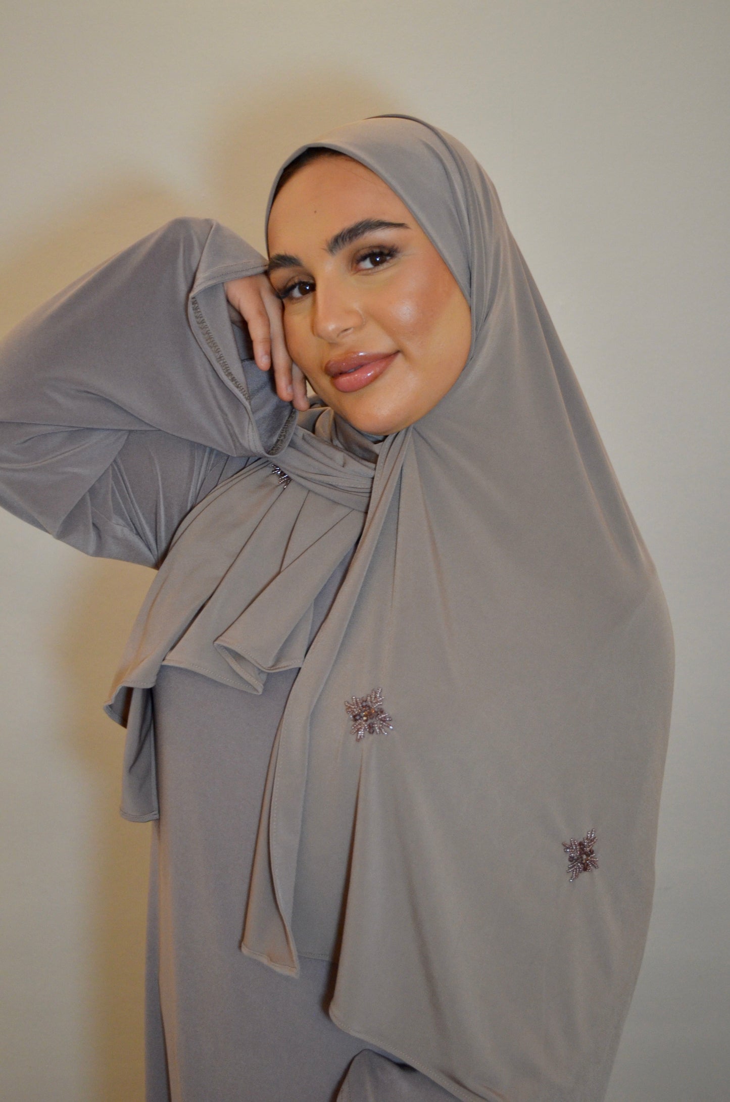 Jersey Premium Hijab with Handmade Stones Taupe