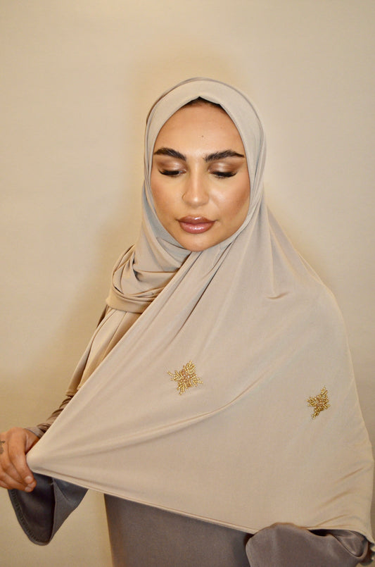 Premium Jersey Hijab with Handmade Stones Gold-Beige