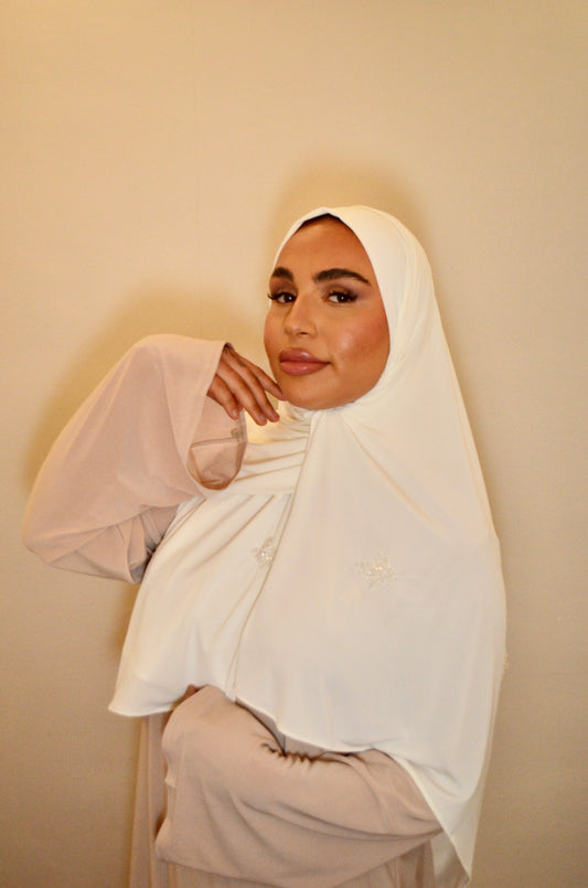 Premium Jeryey Hijab mit Handmade Stones Weißcreme