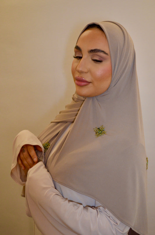 Jersey Premium Hijab with Handmde Green Stones Taupe