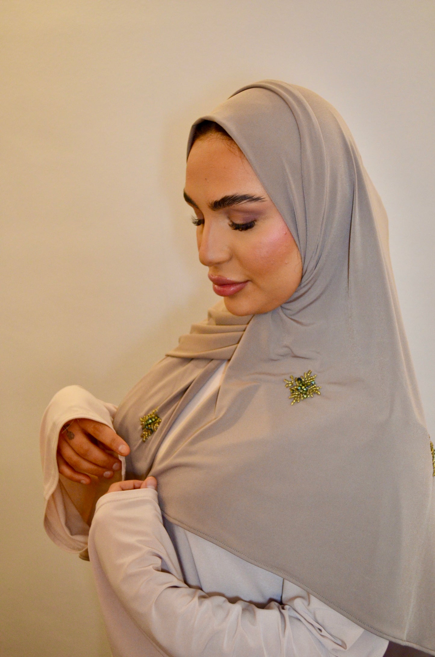 Jersey Premium Hijab with Handmde Green Stones Taupe